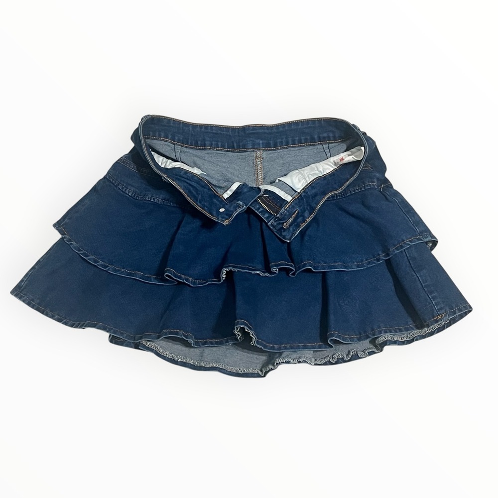 Y2K Denim Ruffle Skort Women's M Micro Mini Low Rise Tiered Skirt Schoolgirl - Picture 7 of 9